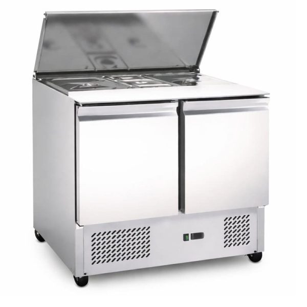 Mesa refrigerada de preparación GN1/1 con 2 puertas y con tabla de corte 900x7000 mm