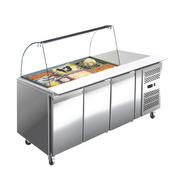 Mesa refrigerada de preparación expositora con cristal curvo de 3 puertas 1795x740 mm