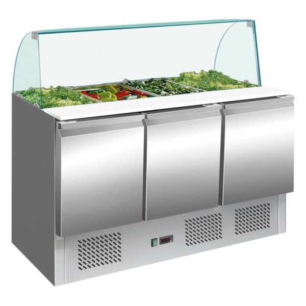 Mesas refrigeradas de preparación expositora con cristal curvo con 3 puertas 1365x700 mm