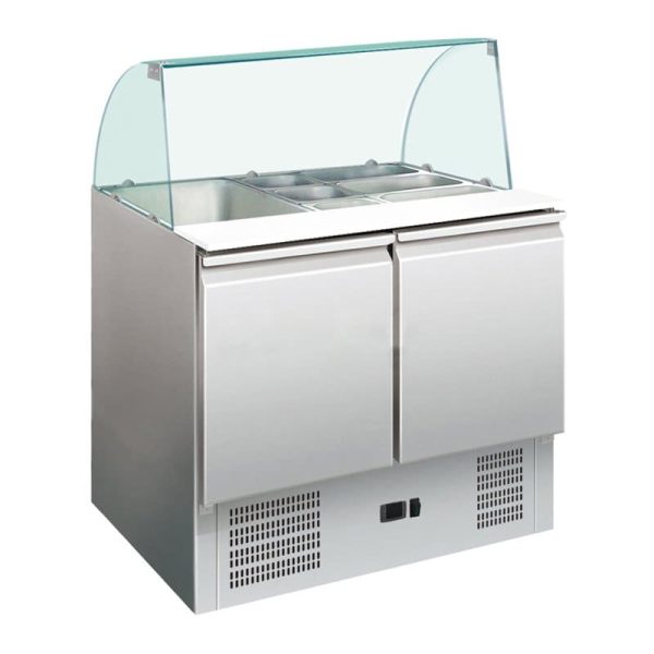Mesas refrigeradas de preparación expositora con cristal curvo con 2 puertas 900x700 mm