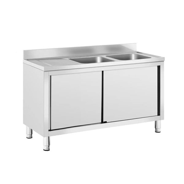 Fregadero industrial de acero inoxidable con mueble y puertas correderas 2 senos escurridor derecha 1600x600 mm