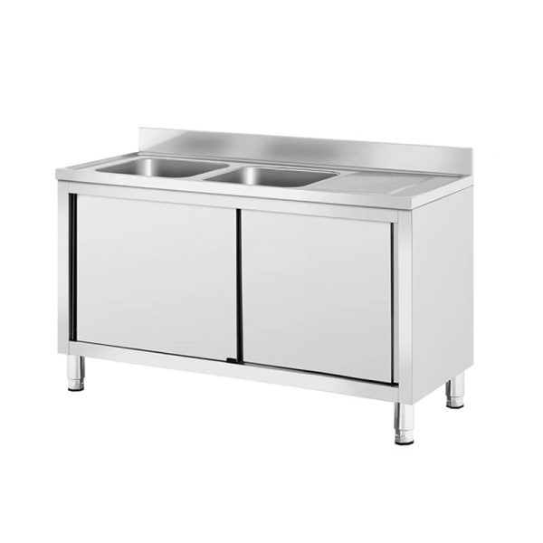 Fregadero industrial de acero inoxidable con mueble y puertas correderas 2 senos escurridor izquierda 1600x600 mm