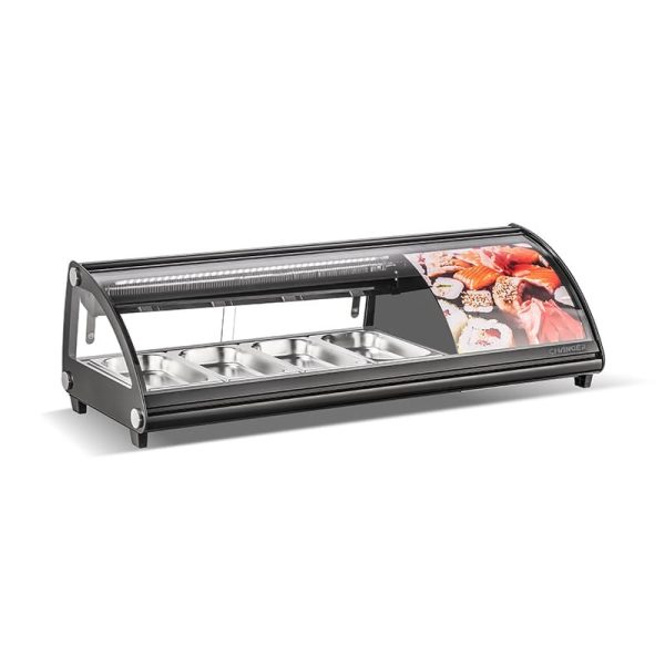 Vitrina curva de tapas cristal con tapas abatibles de seis cubetas